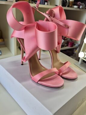 Designer Pink Satin Bow Stiletto Sandals